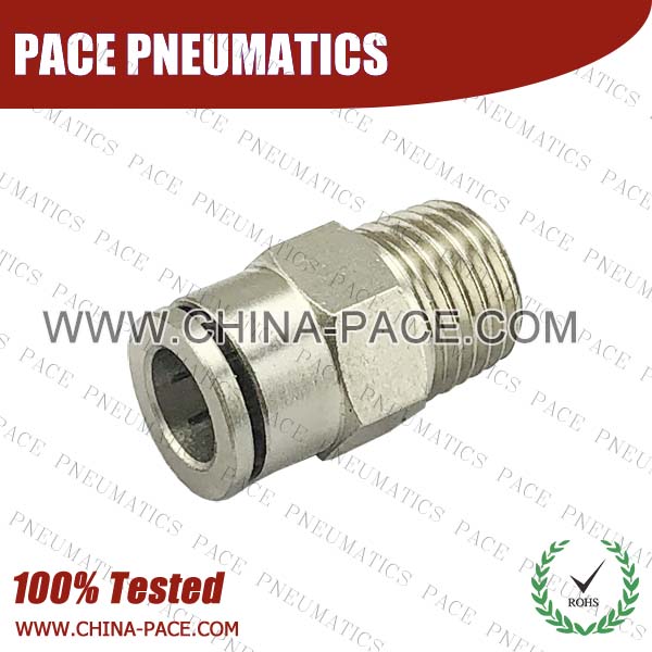 Male Straight Camozzi Type Brass Push In Air Fittings, All Brass Pneumatic Fittings, Nickel Plated Brass Air Fittings, Full Brass Push To Connect Fittings, one touch tube fittings, Push In Pneumatic Fittings